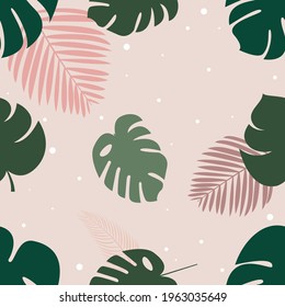 Palm leaves pattern Vector illustration in flat design Monstera and palm leaves on light pink dotted background