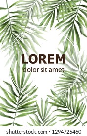 Palm leaves pattern Vector watercolor. Tropic exotic texture. Wild green decors