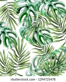 Palm leaves pattern Vector watercolor. Tropic exotic texture. Wild green decors