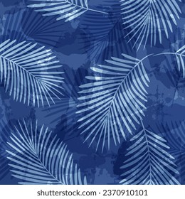 Palm Leaves Pattern. Watercolor Palm leaves seamless vector background, blue jungle print textured