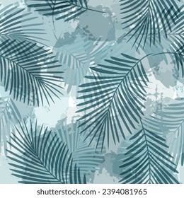Palm Leaves Pattern. Watercolor Palm leaves seamless vector background, blue jungle print textured