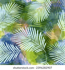 Palm Leaves Pattern. Watercolor Palm leaves seamless vector background, green jungle print textured