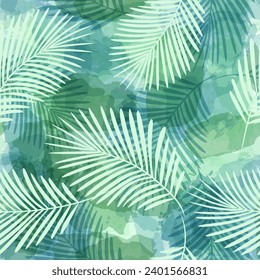 Palm Leaves Pattern. Watercolor Palm leaves seamless vector background, green jungle print textured