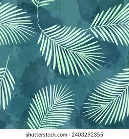 Palm Leaves Pattern. Watercolor Palm leaves seamless vector background, green jungle print textured