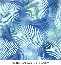 Palm Leaves Pattern. Watercolor Palm leaves seamless vector background, blue jungle print textured