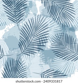 Palm Leaves Pattern. Watercolor Palm leaves seamless vector background, blue jungle print textured