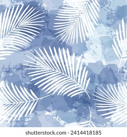 Palm Leaves Pattern. Watercolor Palm leaves seamless vector background, blue jungle print textured