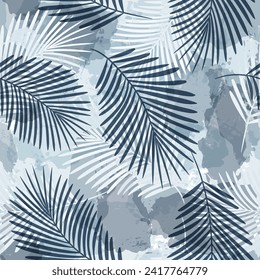 Palm Leaves Pattern. Watercolor Palm leaves seamless vector background, blue jungle print textured