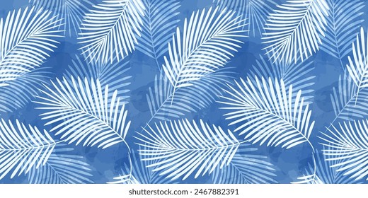 Palm Leaves Pattern. Watercolor tropic leaves seamless vector background, jungle print light blue texture