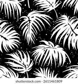 Palm leaves. Pattern of white palm leaves on black background in grunge style. Drawn with brush strokes, splashes, blots.