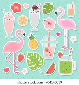 Palm leaves, pineapple, flamingos, exotic flowers, watermelon, orange, smoothies, juice, milkshake. Colorful and cute vector set