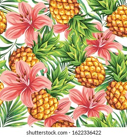 Palm leaves with pineapples and blooming flowers. Tropical plants with fruits seamless pattern. Vector image