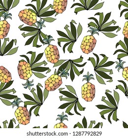 Palm leaves and pineapples. Vector illustration.