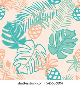 Palm leaves and pineapples. Vector seamless pattern with tropical plants and fruit. Jungle illustration. Green and orange.