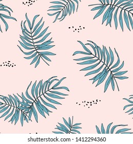 Palm leaves, pink background. Vector seamless pattern with tropical plants. Jungle foliage illustration. Summer beach design. Paradise nature