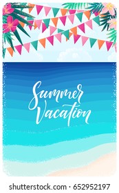 Palm leaves, pink frangipani flowers, flags, tropical beach, sky and clouds, seascape vertical template. Retro vector illustration. Summer vacation lettering. Invitation, banner, card, poster, flyer