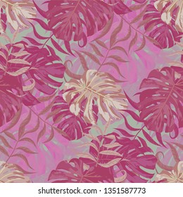 Palm Leaves. Pink Seamless Pattern with Leaves of tropical Trees. Trendy Texture for, Curtain, Dress, Tablecloth. Bright Leaves of Palm Tree.
