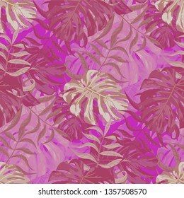 Palm Leaves. Pink Seamless Pattern with Leaves of jungle Trees. Vintage Texture for, Dress, Cloth, Paper. Bright Leaves of Palm Tree.
