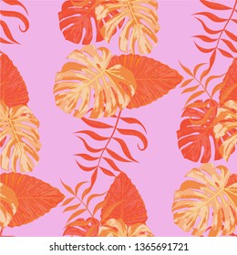 Palm Leaves. Pink Seamless Pattern with Leaves of tropical Trees. Retro Texture for, Cloth, Tablecloth, Fabric. Bright Leaves of Palm Tree.