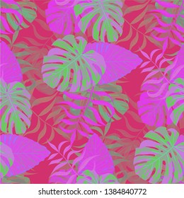 Palm Leaves. Pink Seamless Pattern with Leaves of exotic Trees. Vintage Texture for, Swimwear, Fabric, Paper. Bright Leaves of Palm Tree.