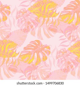 Palm Leaves. Pink Seamless Pattern with Leaves of tropical Trees. Retro Texture for, Cloth, Wallpaper, Curtain. Bright Leaves of Palm Tree.