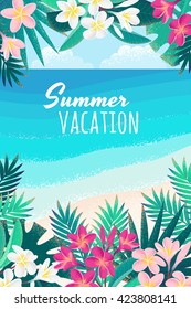 Palm leaves, pink and white frangipani (plumeria) flowers, tropical beach, sky and clouds, seascape vertical template. Retro illustration. Place for your text. Invitation, banner, card, poster, flyer