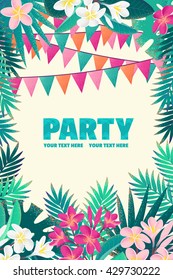 Palm leaves, pink and white frangipani (plumeria) flowers, flags vertical template. Tropical beach party. Retro vector illustration. Place for your text. Invitation, banner, card, poster, flyer