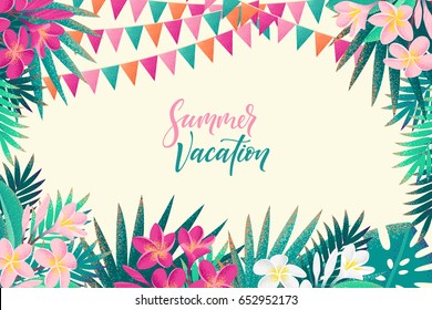 Palm leaves, pink, white frangipani (plumeria) flowers, flags horizontal template. Tropical beach party. Retro vector illustration. Summer vacation lettering. Invitation, banner, card, poster, flyer