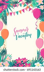 Palm leaves, pink, white frangipani flowers, flags, balloons vertical template. Tropical party. Retro vector illustration. Summer vacation lettering. Invitation, banner, card, poster, flyer