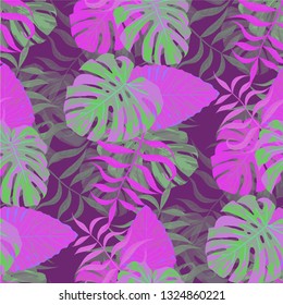 Palm Leaves. Purple Seamless Pattern with Leaves of tropical Trees. Vintage Texture for, Wallpaper, Underwear, Tablecloth. Bright Leaves of Palm Tree.