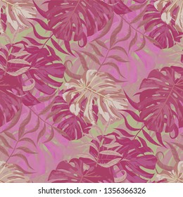 Palm Leaves. Purple Seamless Pattern with Leaves of exotic Trees. Retro Texture for, Fabric, Cloth, Underwear. Bright Leaves of Palm Tree.