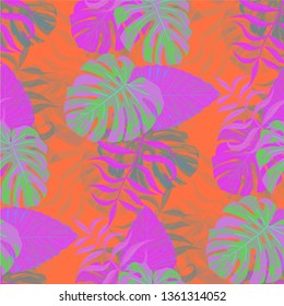 Palm Leaves. Purple Seamless Pattern with Leaves of exotic Trees. Trendy Texture for, Underwear, Paper, Shirt. Bright Leaves of Palm Tree.