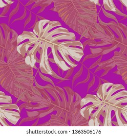 Palm Leaves. Purple Seamless Pattern with Leaves of tropical Trees. Trendy Texture for, Dress, Fabric, Shirt. Bright Leaves of Palm Tree.