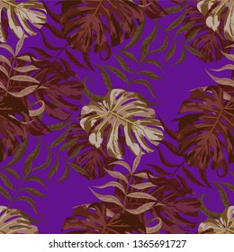 Palm Leaves. Purple Seamless Pattern with Leaves of tropical Trees. Trendy Texture for, Curtain, Underwear, Dress. Bright Leaves of Palm Tree.