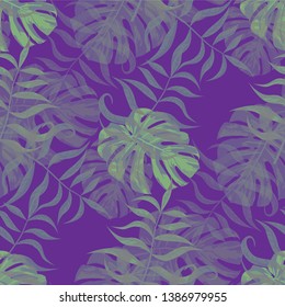 Palm Leaves. Purple Seamless Pattern with Leaves of tropical Trees. Vintage Texture for, Paper, Underwear, Dress. Bright Leaves of Palm Tree.