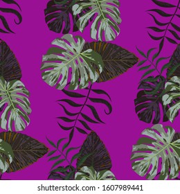 Palm Leaves. Purple Seamless Pattern with Leaves of tropical Trees. Trendy Texture for, Dress, Curtain, Paper. Bright Leaves of Palm Tree.