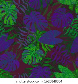 Palm Leaves. Purple Seamless Pattern with Leaves of exotic Trees. Modern Texture for, Paper, Dress, Fabric. Bright Leaves of Palm Tree.