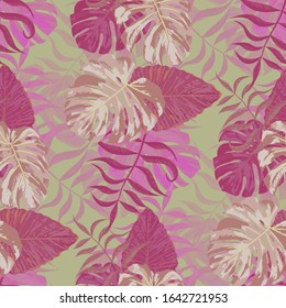 Palm Leaves. Purple Seamless Pattern with Leaves of exotic Trees. Retro Texture for, Tablecloth, Shirt, Fabric. Bright Leaves of Palm Tree.