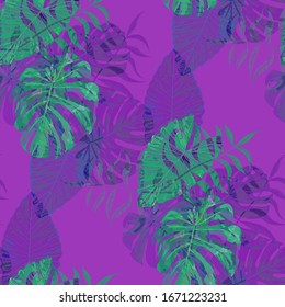 Hojas de palma. Patrón púrpura sin focas con hojas de selva. Textura moderna para, tela, papel, ropa interior. Flagrantes hojas de palmera.