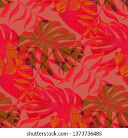 Palm Leaves. Red Seamless Pattern with Leaves of exotic Trees. Modern Texture for, Underwear, Shirt, Tablecloth. Bright Leaves of Palm Tree.