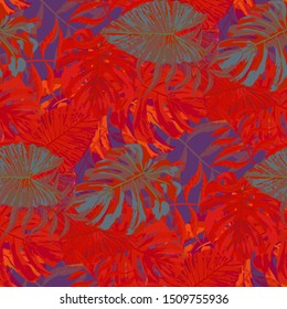 Palm Leaves. Red Seamless Pattern with Leaves of tropical Trees. Modern Texture for, Fabric, Shirt, Underwear. Bright Leaves of Palm Tree.