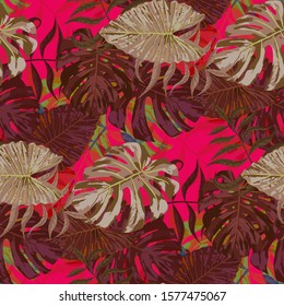 Palm Leaves. Red Seamless Pattern with Leaves of jungle Trees. Vintage Texture for, Curtain, Wallpaper, Shirt. Bright Leaves of Palm Tree.