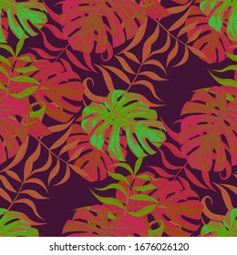 Palm Leaves. Red Seamless Pattern with Leaves of exotic Trees. Retro Texture for, Shirt, Fabric, Underwear. Bright Leaves of Palm Tree.