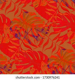Palm Leaves. Red Seamless Pattern with Leaves of jungle Trees. Retro Texture for, Shirt, Swimwear, Fabric. Bright Leaves of Palm Tree.