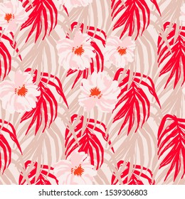 Palm Leaves and Rich Blooming Flowers Seamless Pattern Print . Illustration  for Surface , Invitation , Notebook, Banner , Wrap Paper ,Textiles, Cover, Magazine ,Postcard 