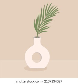 Palm leaves in a round stylish vase. A plant for decorating the interior of a home or office. Vector flat illustration.