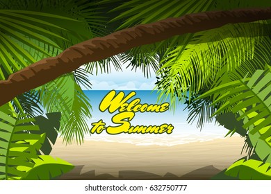 Palm leaves, sand and sea summer background vector illustration