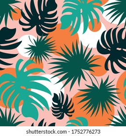 Hojas de palma. Patrón de caricatura sin foco con plantas tropicales adecuadas para la decoración de tejidos, textiles, embalajes, perfumes, ilustraciones, revistas. Conjunto de afiches vectoriales.