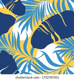Palm leaves. Seamless cartoon pattern with tropical plants suitable for decoration of fabrics, textiles, packaging, perfumes, illustrations, magazines. 