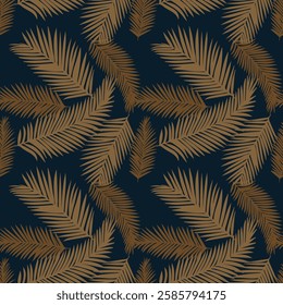 Palm leaves seamless pattern, background vector in gold, beige colors on dark background. Design for fabric, print, cover, banner, decoration, wallpaper, textile.